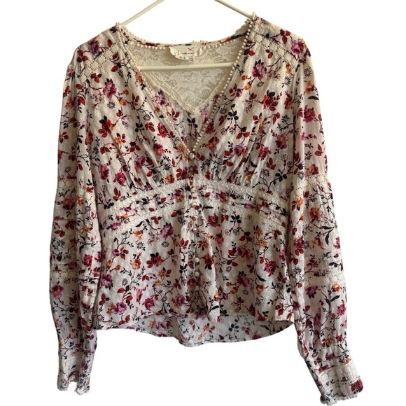Anthropologie Puff-Sleeved Floral Lace Button Down Top, Size 14 - Picture 5 of 12